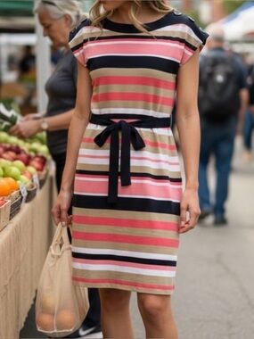 Allison Brittney Striped Midi Dress in Pink, Navy and Tan